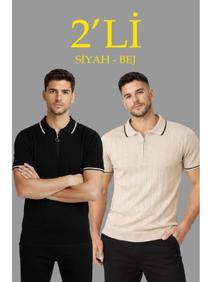 Glam Love Erkek 2’li Paket Dokuma Triko  Fermuarlı Yakalı Fitilli Kısa Kollu Regular Fit Tişört - Bej  Siyah