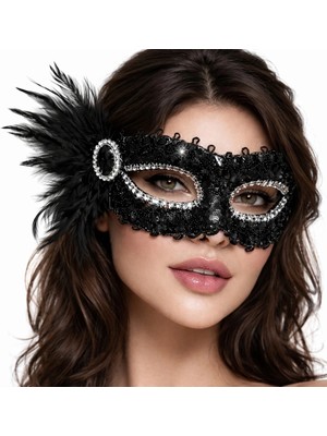 LTG Nova Siyah Taşlı Venedik Parti Maskesi – Tüylü Payetli