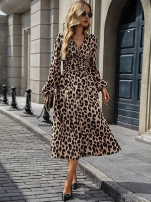 paris store Kadın Uzun Kollu Kruvaze Yaka Belden Oturtmalı Midi Modal Leopar Desenli Elbise