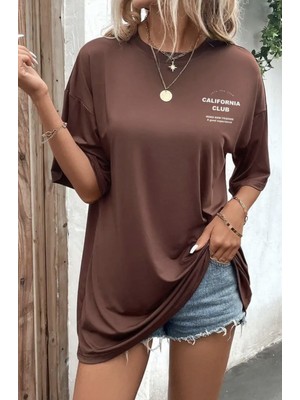 Punix Punıx Büyük Beden Özel Seri Calıfornıa Club Göğüs Baskılı %100 Pamuk Şık Kadın Battal T-Shırt