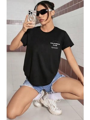 Punix Punıx Büyük Beden Özel Seri Calıfornıa Club Göğüs Baskılı %100 Pamuk Şık Kadın Battal T-Shırt