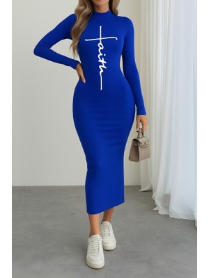 paris store Kadın Uzun Kollu Boğazlı Baskı Detaylı Viskon Tam Boy Elbise