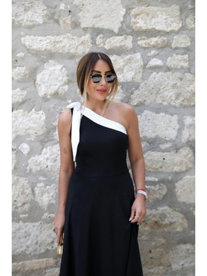 paris store Kadın Tek Omuzu Açık Omuzlardan Kurdela Detaylı Çift Renkli Ithal Krep Elbise