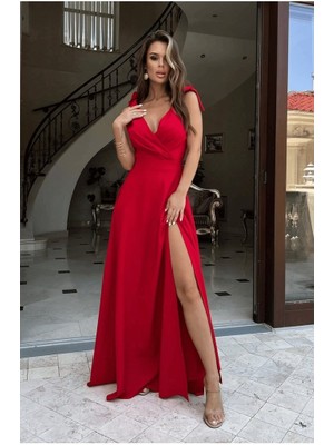 paris store Kadın Askılı Omuzdan Bağlamalı Kruvaze Yakalı Uzun Yırtmaçlı Janjan Krep Elbise