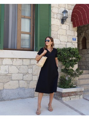 paris store Kadın Kısa Kollu V Yaka Cepli Viskon Elbise