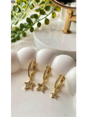 Vıp 14K Xuping Üçlü Taşlı Yıldız Sallantılı Halka Gold Küpe Seti