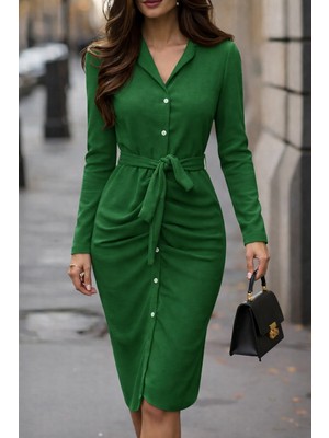 paris store Kadın Uzun Kollu Önden Düğmeli Beli Kuşaklı Aerobin Midi Elbise