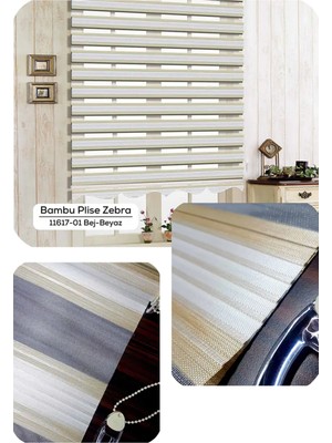 YS Perde Tasarım Lux Bambu Keten Plise Renk Geçişli Zebra Stor Perde, Alüminyum Kasalı Yüksek Kaliteli - Bej,beyaz PKV/01W