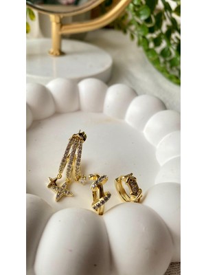 Vıp 14K Xuping Üçlü Yıldız Sallantılı Kaburga Tasarım Küpe Seti