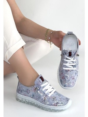 Trivogue Jiten Lila Desenli Deri Bağcıklı Spor Ayakkabı