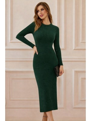 paris store Kadın Uzun Kollu Bisiklet Yaka Taşlı Midi Kadife Elbise