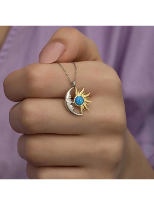 Supertrend Gümüş Opal Mavi Taşlı Ay Güneş Kadın Kolye