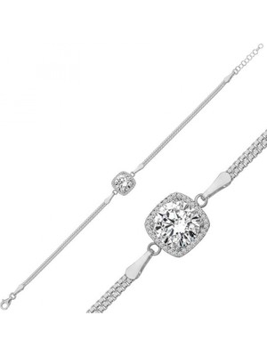 Supertrend Gümüş Kare Montür Beyaz Taşlı Kadın Bileklik