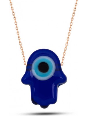 Supertrend Gümüş Rose Mavi Nazarlı Cam Fatma Ana Eli Kadın Kolye