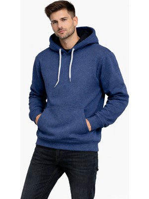 Justas Erkek Indigo Şardonlu Kapşonlu Kanguru Cep Üçiplik Sweatshirt