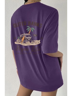 Punix Punıx Büyük Beden Özel Seri Palmiye- Sörf ve  Yaz Sırt Baskılı %100 Pamuk Oversize Battal Kadın T-Shırt