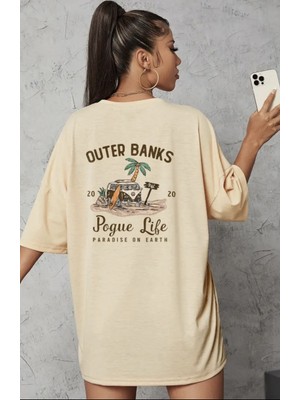 Punix Punıx Büyük Beden Özel Seri Palmiye- Sörf ve  Yaz Sırt Baskılı %100 Pamuk Oversize Battal Kadın T-Shırt