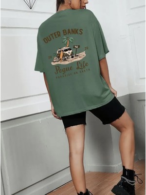 Punix Punıx Büyük Beden Özel Seri Palmiye- Sörf ve  Yaz Sırt Baskılı %100 Pamuk Oversize Battal Kadın T-Shırt