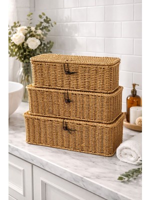 3'lü Dekoratif Dikdörtgen Hasır Çok Amaçlı Düzenleyici Sepet