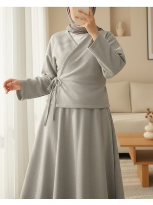 Modamorfo Önü Bağlamalı Etekli Kaşe Kimono Takım -Gri