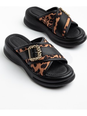 Dilimler Ayakkabı Siyah Kadın Dolgu Topuk Terlik Çapraz Bantlı Leopar Desenli