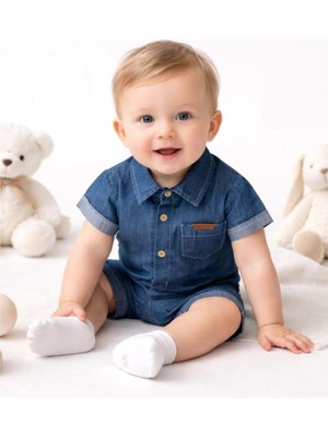 Jolly Joy Cep Detaylı Erkek Bebek Kısa Denım Tulum - Lacivert - 3 - 6 Ay Lacivert