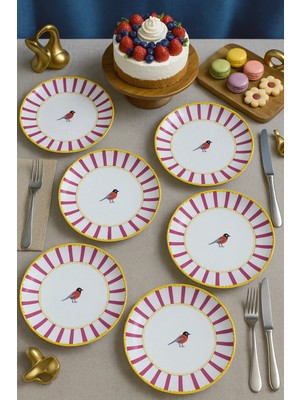Grandora Pembe Çizgili, Kuş Desenli Servis Tabağı Seti (6 Ad, 27 Cm) – Modern ve Şık Sunum Tabak