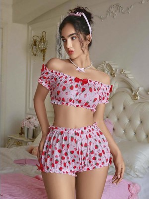 Barış Beauty Kadın Pembe Çilek Desenli Fantezi Şort Takım 2156