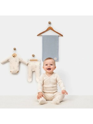3-6 Ay Erkek Bebekler Için Çapa Desenli Organik Pamuktan 3 Lü Body Takım MÜSLİN BATTANİYELİ