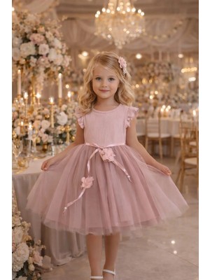 Kız Çocuk Gül Kurusu Tütülü Doğum Günü Abiye Şıkprenseselbise