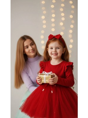 Retro Women Kız Çocuk Kırmızı Uzun Kol Tütülü Hediye Prenses Elbise