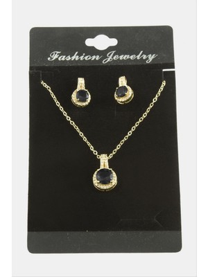 Zero Land Gld-Spt- Yuvarlak Zirkon Taşlı Set Kolye-Siyah