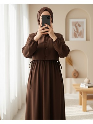 Modamorfo Üstü Gömlek Detaylı Elbise Takım   -Kahve