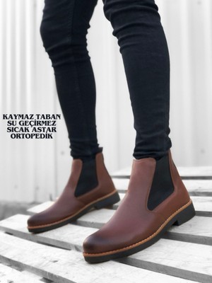 Belirtilmemiş Chelsea Erkek Ortopedik Kışlık Soguk Geçirmez Su Geçirmez  Taba Renk Günlük Bot