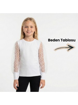 NR Nar Rengi Kompak Masalsı Dokunuş Puantiyeli Tül Kollu Kız Çocuk Okulluk Bluz