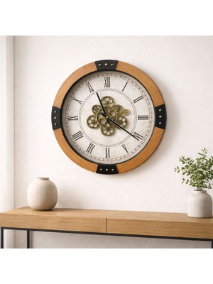 Mars Concept Ahşap Büyük Duvar Saati 50 cm Metal | Hareketli Çark Mekanizmalı Dekoratif Saat