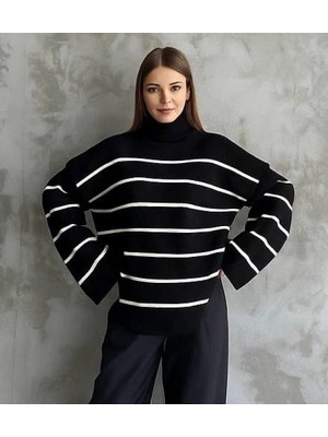 Zengezur Mall Gld-Spt- Çizgili Ispanyol Kol Triko Boğazlı Kazak Siyah  (Beden: Standart)