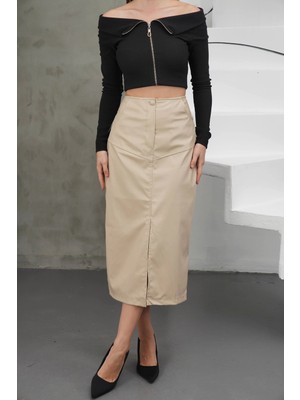 Zengezur Mall Gld-Spt- Yırtmaçlı Uzun Deri Etek Bej (Beden: S)