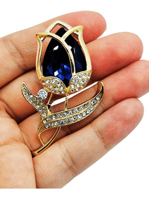 BB Bi Butik Shop Lacivert Taşlı Lale Broş – Zarif ve Işıltılı Şık Tasarım