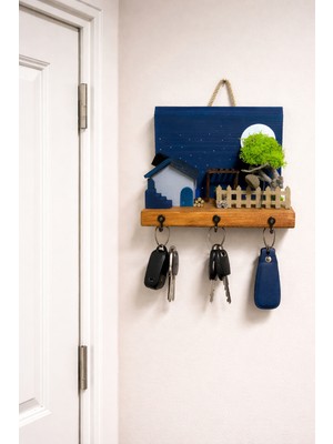 Anı Atölyesi 3 Kancalı Ahşap Ev Temalı Çiçekli Dekoratif Duvar Anahtarlık Askısı-20/17 cm