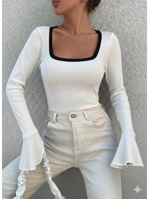 Zengezur Mall Gld-Spt- Kare Yaka Garni Detay Ispanyol Kol Bluz Beyaz A3105 (Beden: M)