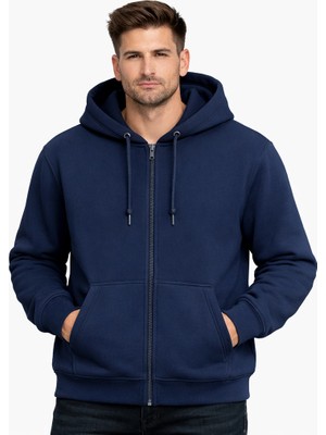 Justas Erkek Lacivert Şardonlu Kapşonlu Boydan Fermuarlı Kanguru Cep Üç Iplik Sweatshirt