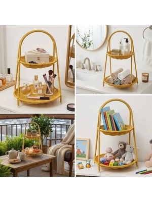 Urfakent Buffer® Plastik Rattan Iki Katlı Sunumluk–dekoratif Organizer, Mutfak Meyve,sebze Sepeti, Banyo Düzenleyici Raf,masaüstü Çok Amaçlı Sunum Standı