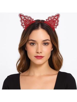 Livenda Dantelli Kırmızı Kedi Tacı - Vintage Tarz Dantel Kedi Kulak