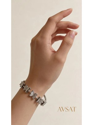 Melike Steel Kararmaz Çelik Gümüş Renk Kelebek Sıralı Kelepçe Bileklik