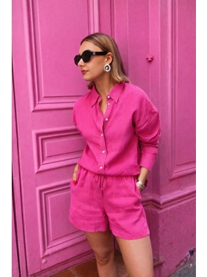 Emh Store Kadın Uzun Kollu Salaş Gömlek ve Şort Keten Ikili Takım