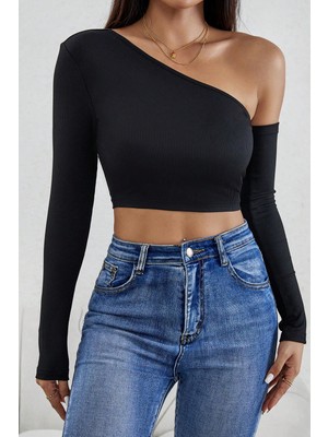Kadın Siyah Tek Omuz Detaylı Uzun Kol Crop Top Bluz
