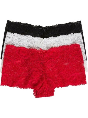 Kadın Dantel Tanga Şort Külot 3'lü Paket Siyah Beyaz Kırmızı Yumuşak Cotton Malzeme