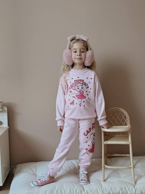 ButumiKids Kız Çocuk Karakter Baskılı 3 Iplik Şardonlu Pamuk Kumaş Alt Üst Takım