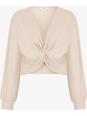 Penti Açık Bej Büzgülü V Yaka Pamuk Modal Karışımlı Sweatshirt